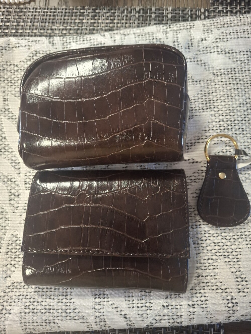 Brown Croc-Embossed Leather Wallet Set